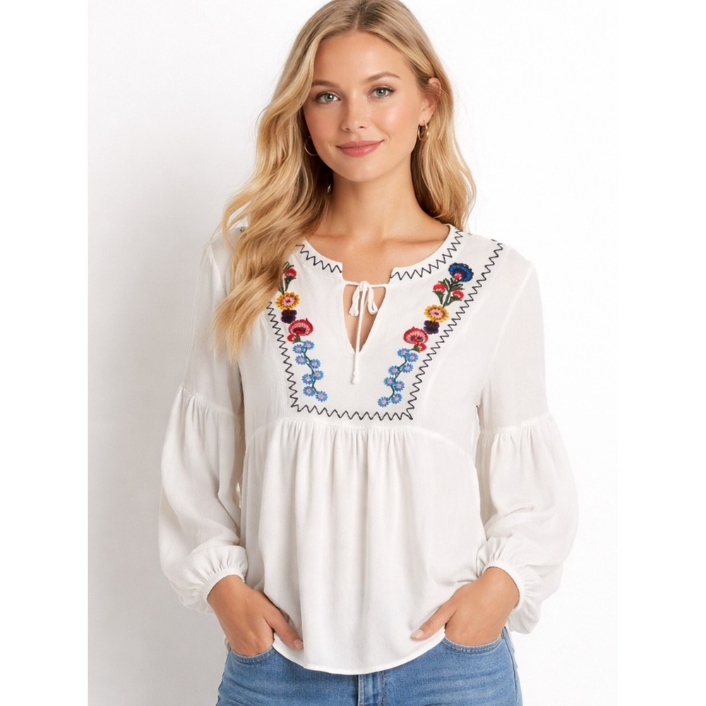 The Impeccable Pig Peasant White Floral Embroidered Babydoll Tunic Top Boho - Picture 1 of 13
